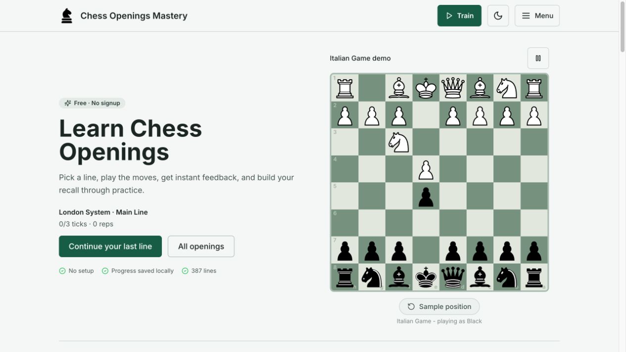 Chess Openings Mastery homepage with its learning headline, return-to-training button and green chessboard demonstration