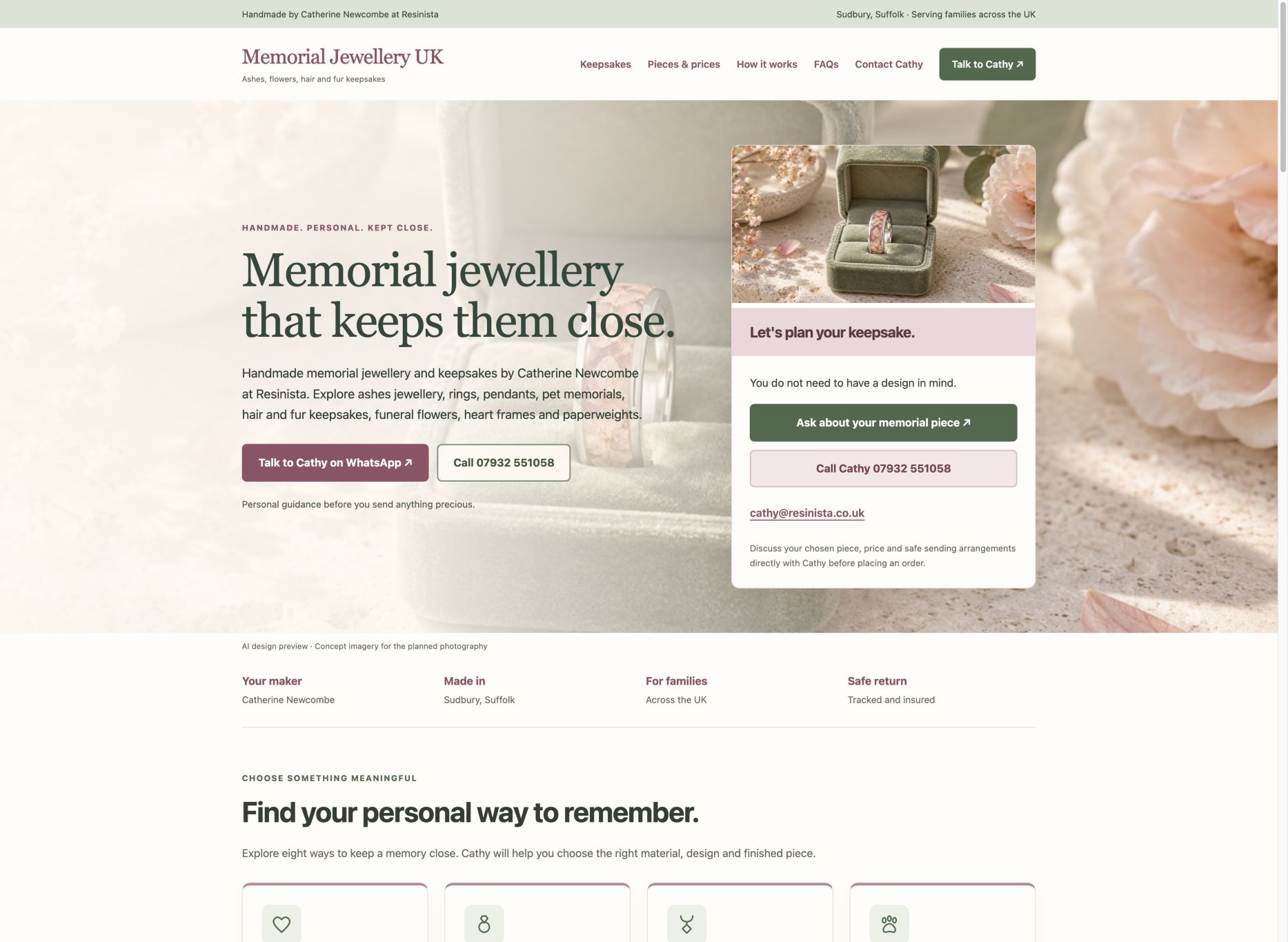 MemorialJewellery.uk homepage showing its maker identity, contact actions and labelled AI concept imagery