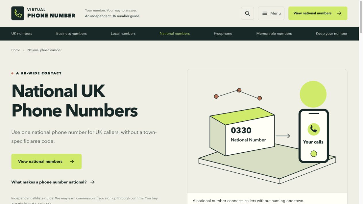Virtual Phone Number’s national-number page showing its UK-wide heading, service link and 0330 illustration
