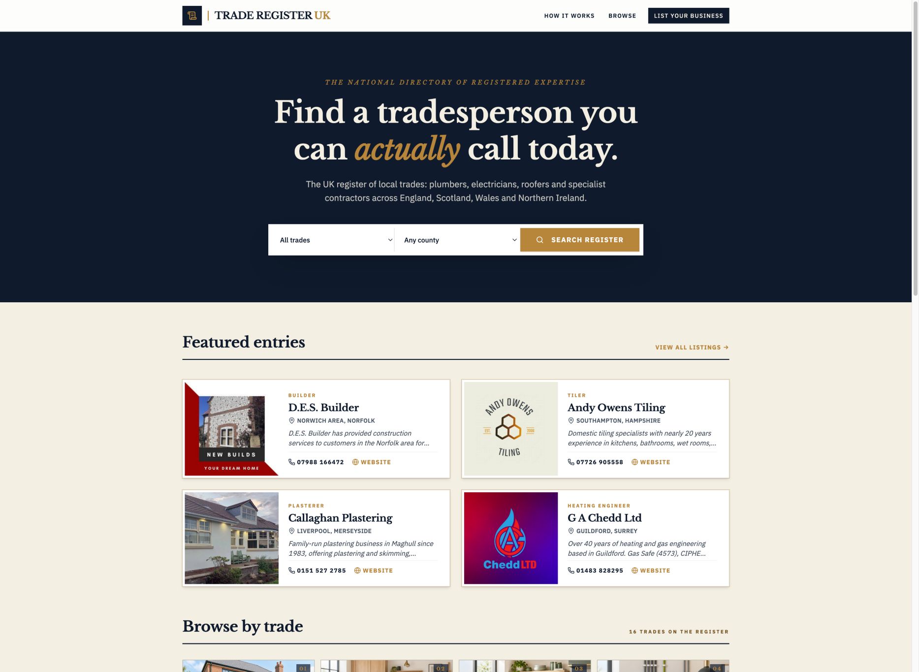 Trade Register homepage showing the trade and county search and featured business cards